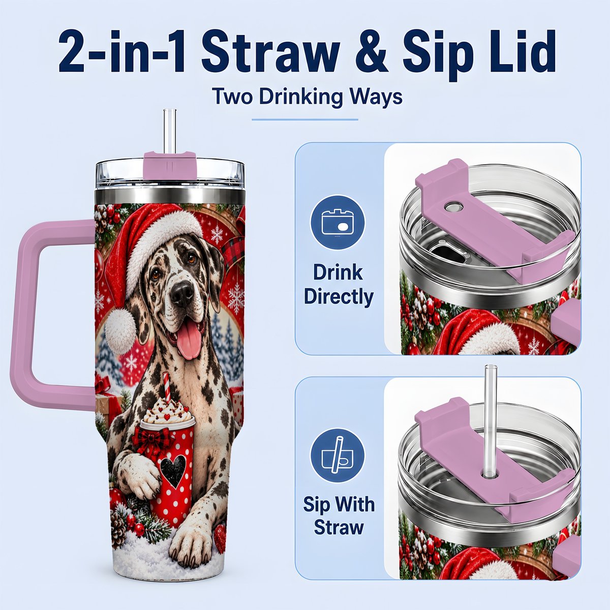 #pl[40oz|Pink] Christmas Great Dane Tumbler 40oz, Santa Hat Design