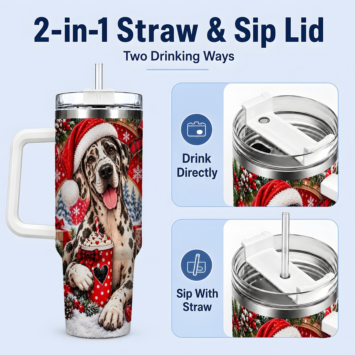 #pl[40oz|White] Christmas Great Dane Tumbler 40oz, Santa Hat Design
