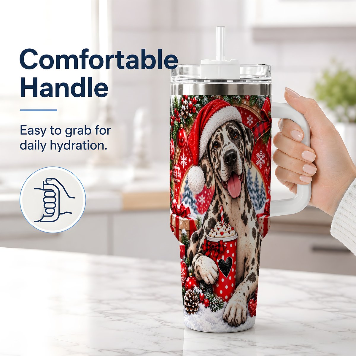 #pl[40oz|White] Christmas Great Dane Tumbler 40oz, Santa Hat Design