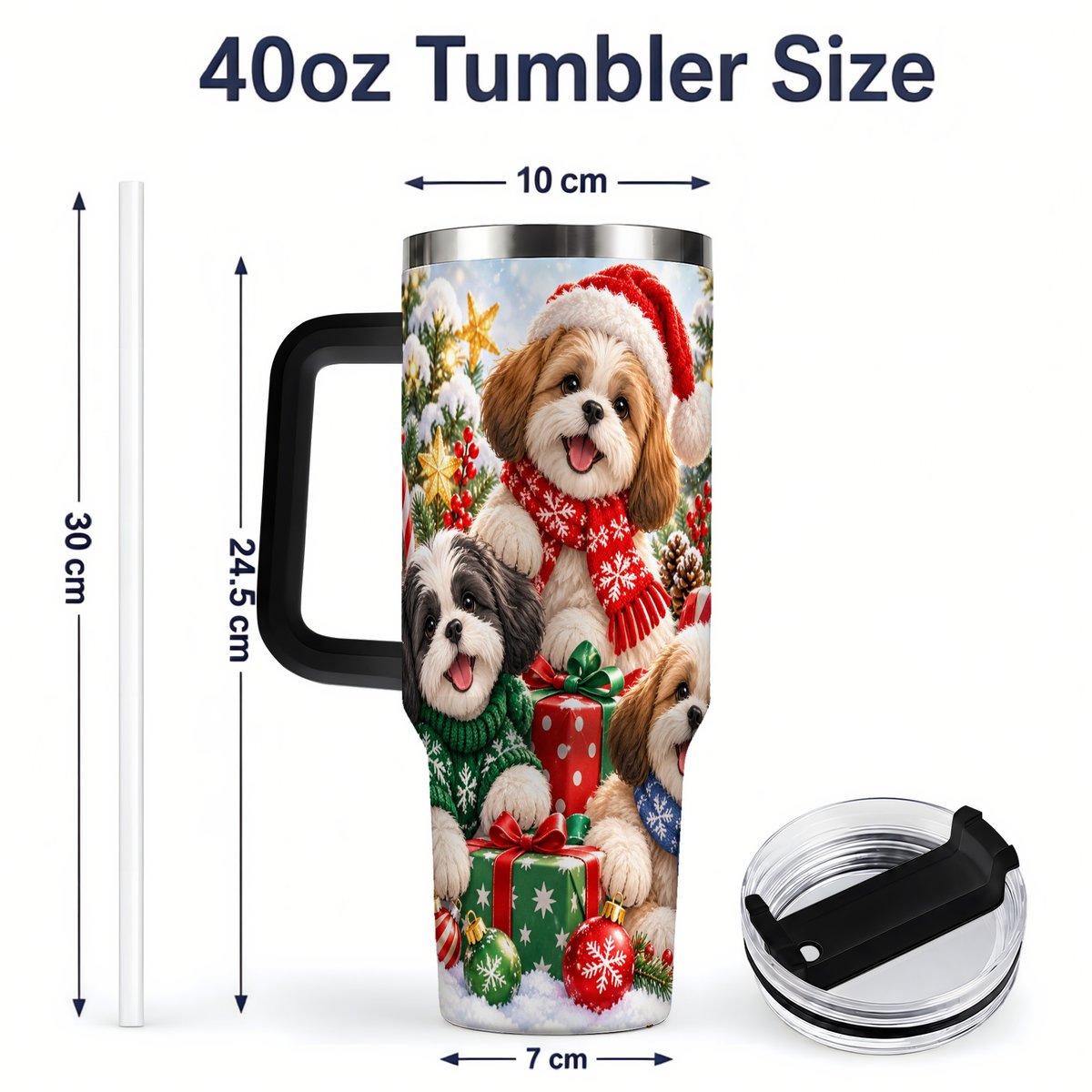 #pl[40oz|Black] Christmas Shih Tzu Dogs Tumbler 40oz, Festive Dog Portrait