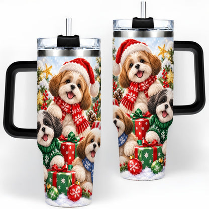 #pl[40oz|Black] Christmas Shih Tzu Dogs Tumbler 40oz, Festive Dog Portrait