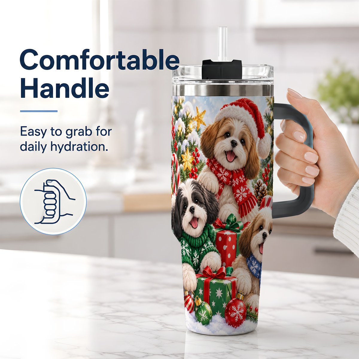 #pl[40oz|Black] Christmas Shih Tzu Dogs Tumbler 40oz, Festive Dog Portrait