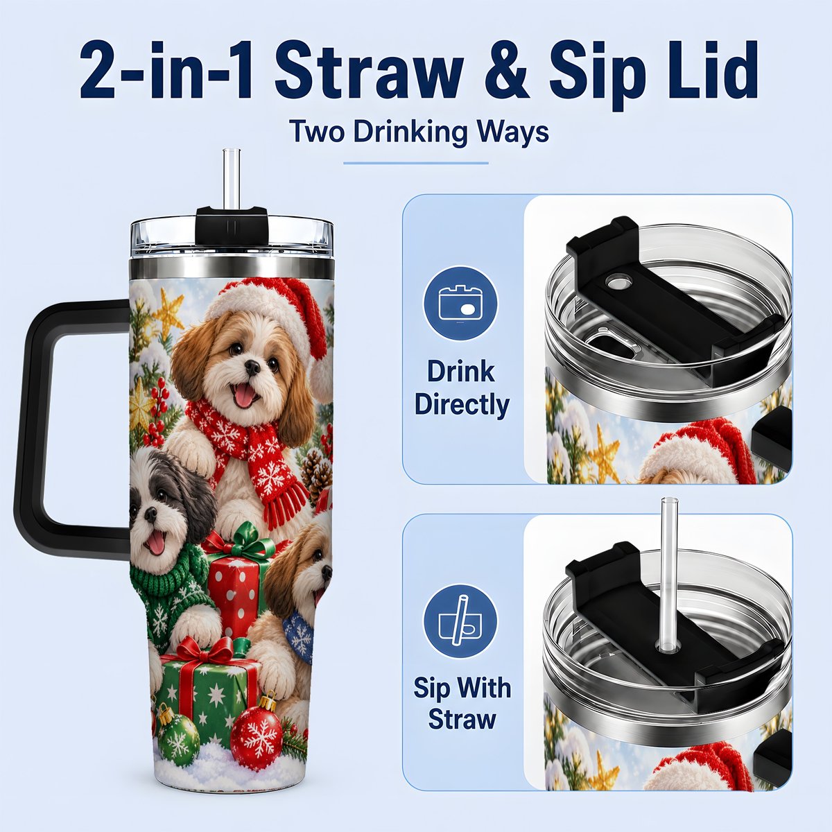 #pl[40oz|Black] Christmas Shih Tzu Dogs Tumbler 40oz, Festive Dog Portrait