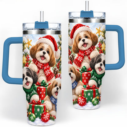 #pl[40oz|Blue] Christmas Shih Tzu Dogs Tumbler 40oz, Festive Dog Portrait