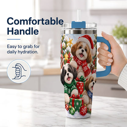 #pl[40oz|Blue] Christmas Shih Tzu Dogs Tumbler 40oz, Festive Dog Portrait