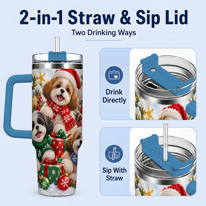 #pl[40oz|Blue] Christmas Shih Tzu Dogs Tumbler 40oz, Festive Dog Portrait