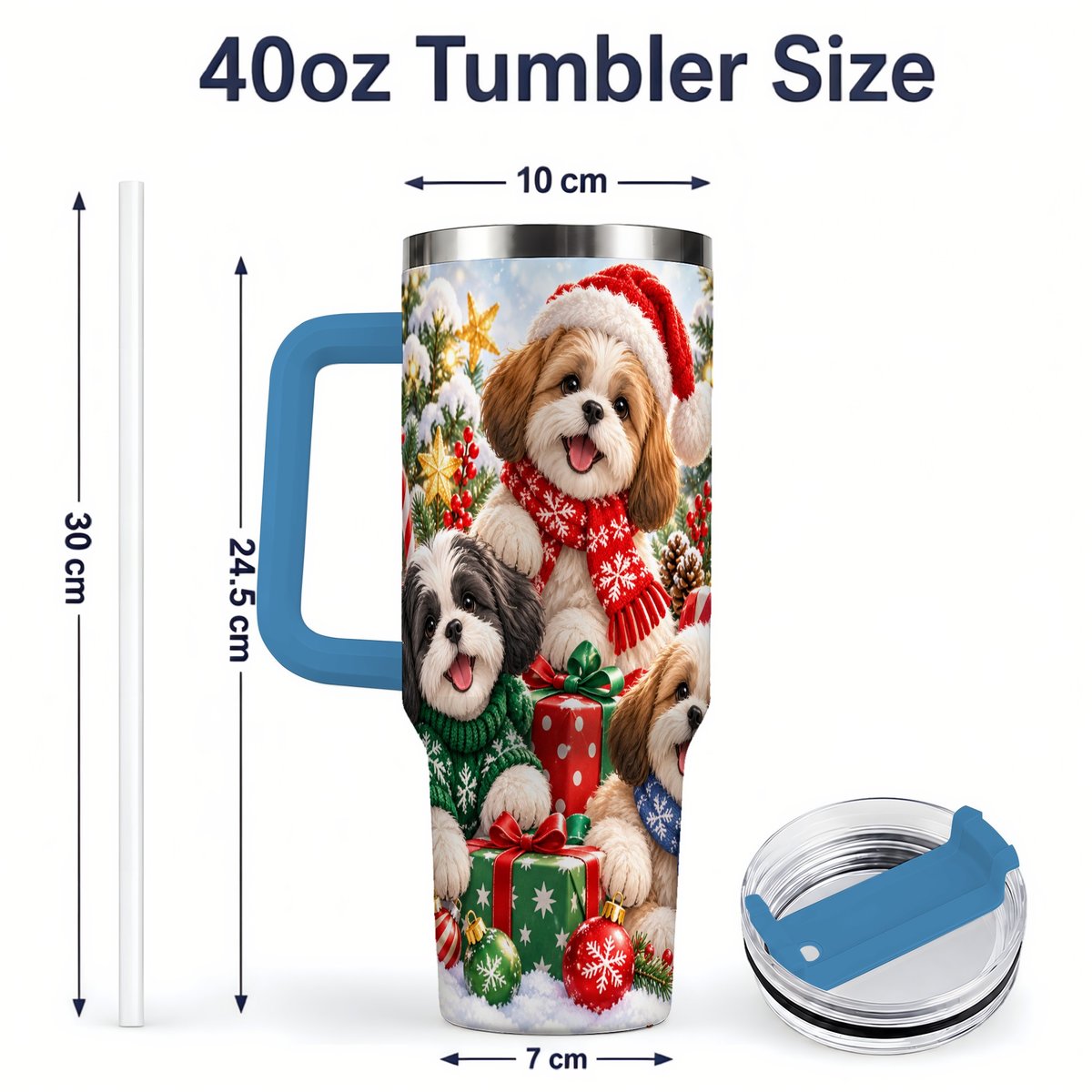 #pl[40oz|Blue] Christmas Shih Tzu Dogs Tumbler 40oz, Festive Dog Portrait