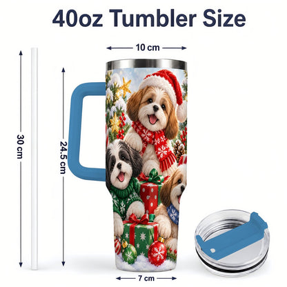 #pl[40oz|Blue] Christmas Shih Tzu Dogs Tumbler 40oz, Festive Dog Portrait