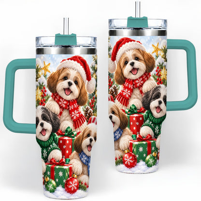 #pl[40oz|Green] Christmas Shih Tzu Dogs Tumbler 40oz, Festive Dog Portrait