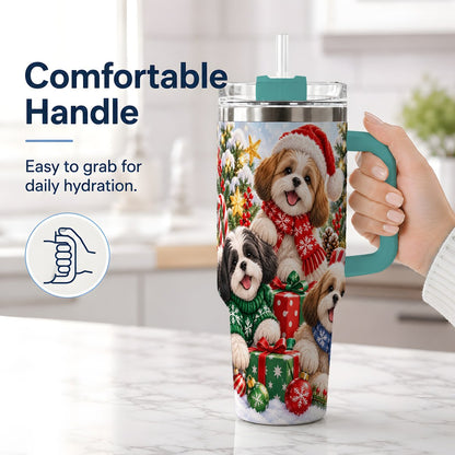 #pl[40oz|Green] Christmas Shih Tzu Dogs Tumbler 40oz, Festive Dog Portrait