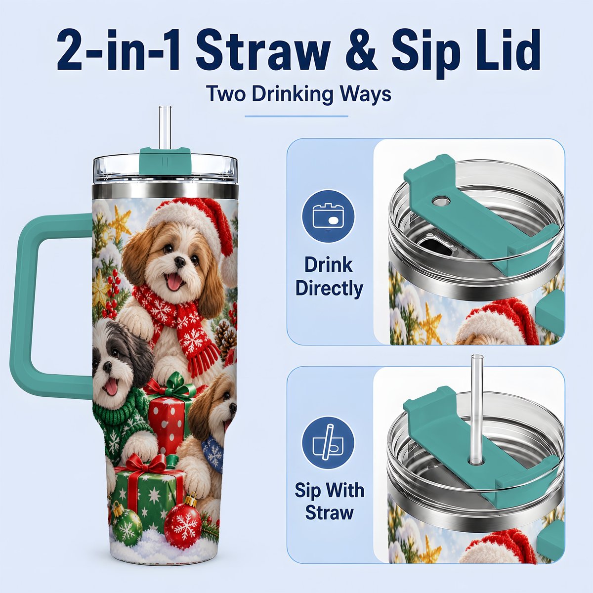 #pl[40oz|Green] Christmas Shih Tzu Dogs Tumbler 40oz, Festive Dog Portrait