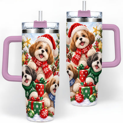 #pl[40oz|Pink] Christmas Shih Tzu Dogs Tumbler 40oz, Festive Dog Portrait