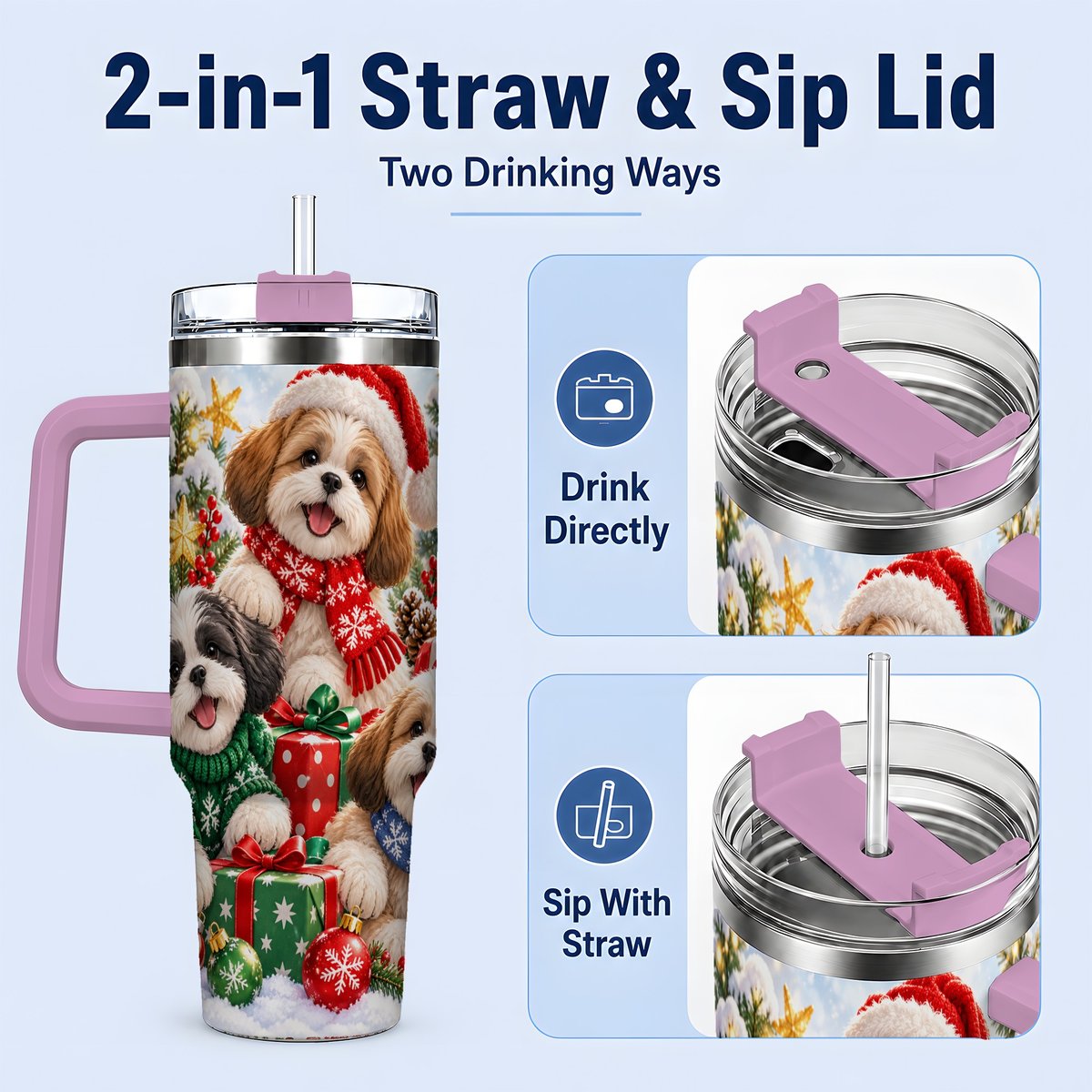 #pl[40oz|Pink] Christmas Shih Tzu Dogs Tumbler 40oz, Festive Dog Portrait