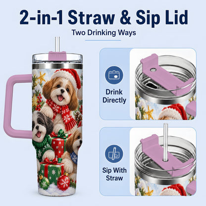 #pl[40oz|Pink] Christmas Shih Tzu Dogs Tumbler 40oz, Festive Dog Portrait