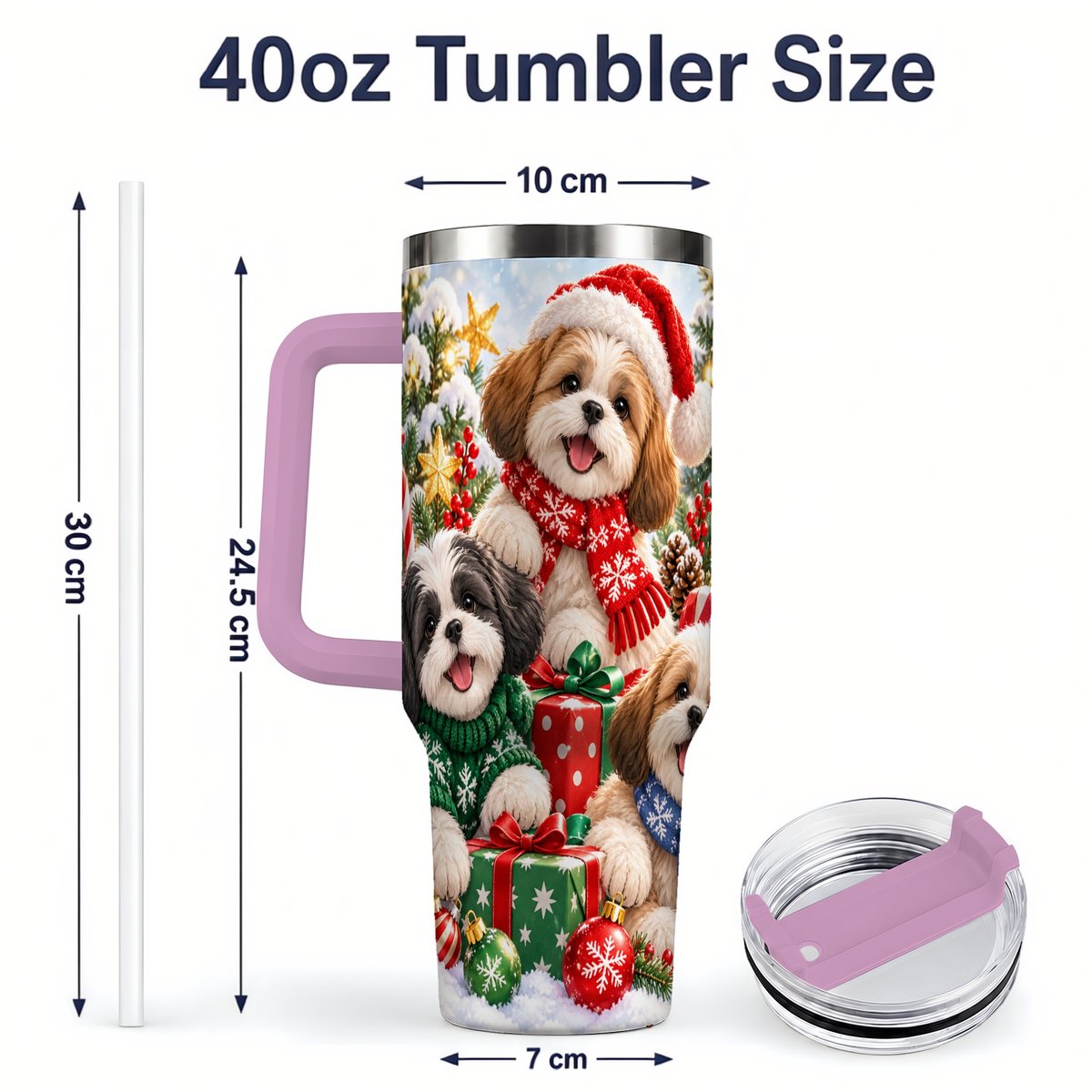 #pl[40oz|Pink] Christmas Shih Tzu Dogs Tumbler 40oz, Festive Dog Portrait