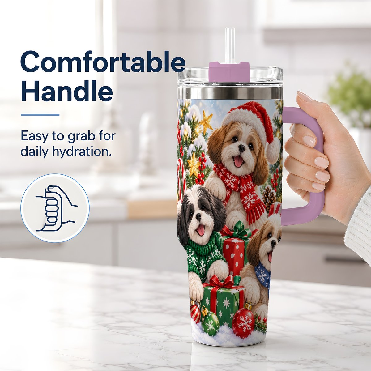 #pl[40oz|Pink] Christmas Shih Tzu Dogs Tumbler 40oz, Festive Dog Portrait