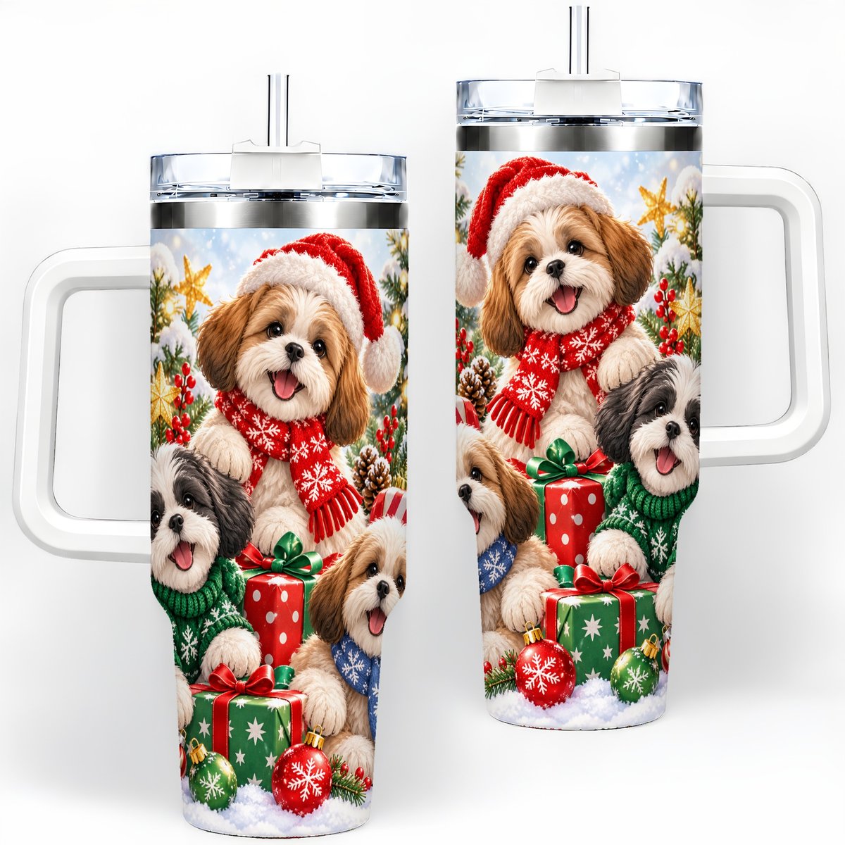 Christmas Shih Tzu Dogs Tumbler 40oz, Festive Dog Portrait