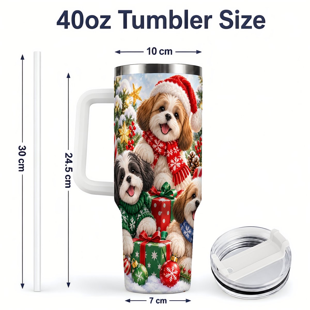 #pl[40oz|White] Christmas Shih Tzu Dogs Tumbler 40oz, Festive Dog Portrait