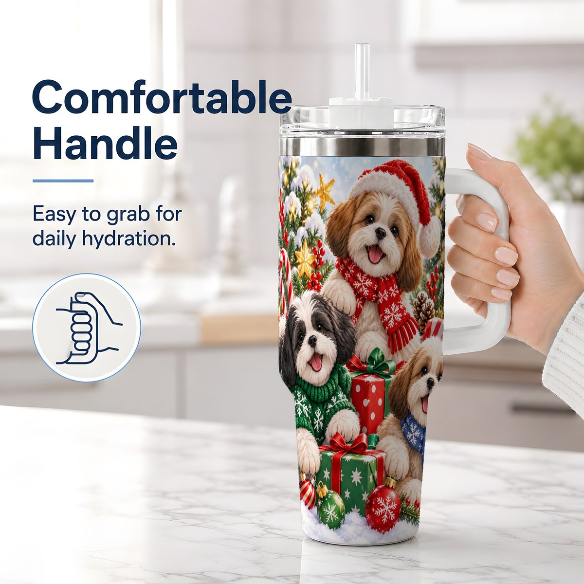 #pl[40oz|White] Christmas Shih Tzu Dogs Tumbler 40oz, Festive Dog Portrait