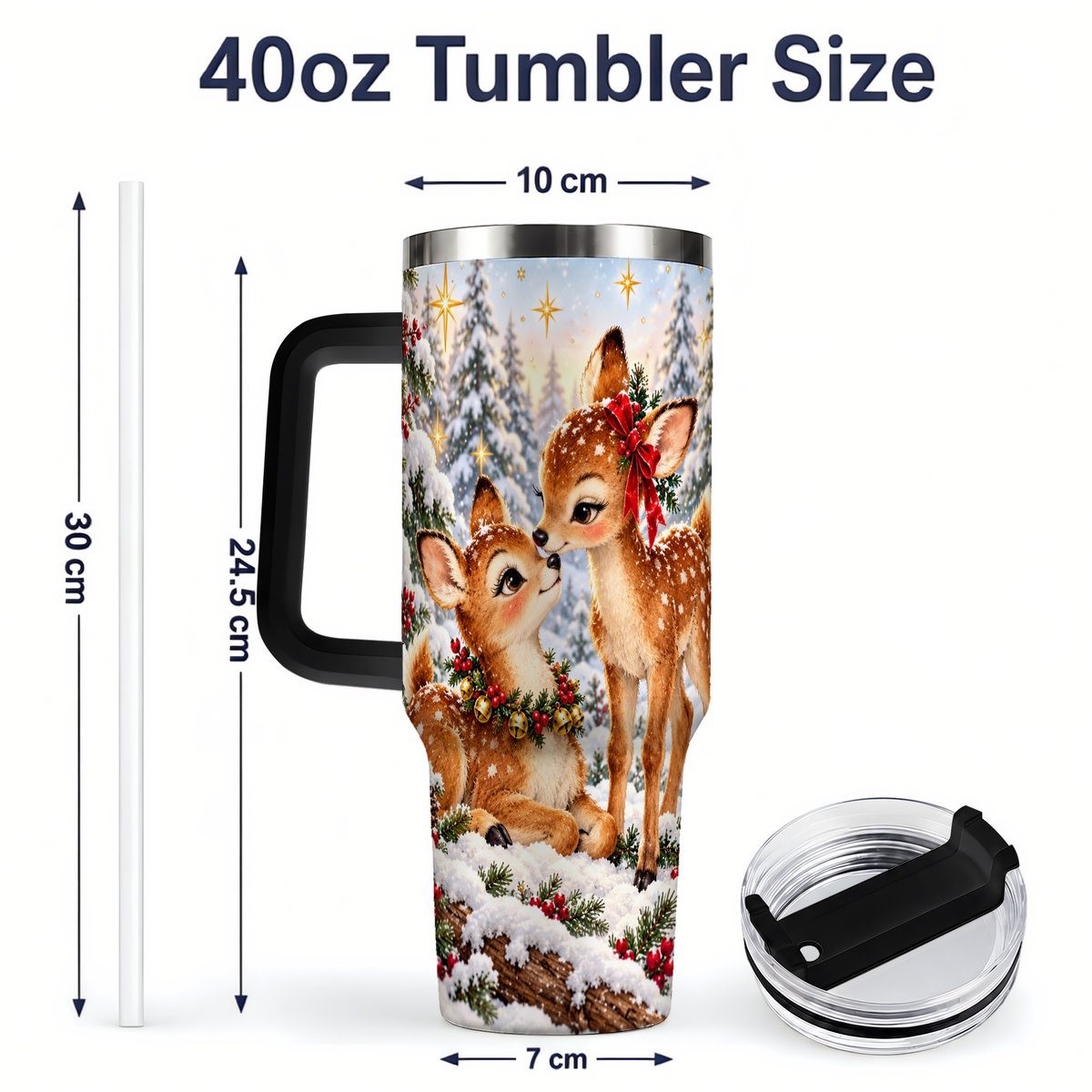 #pl[40oz|Black] Christmas Fawns Tumbler 40oz, Spotted Deer Illustration