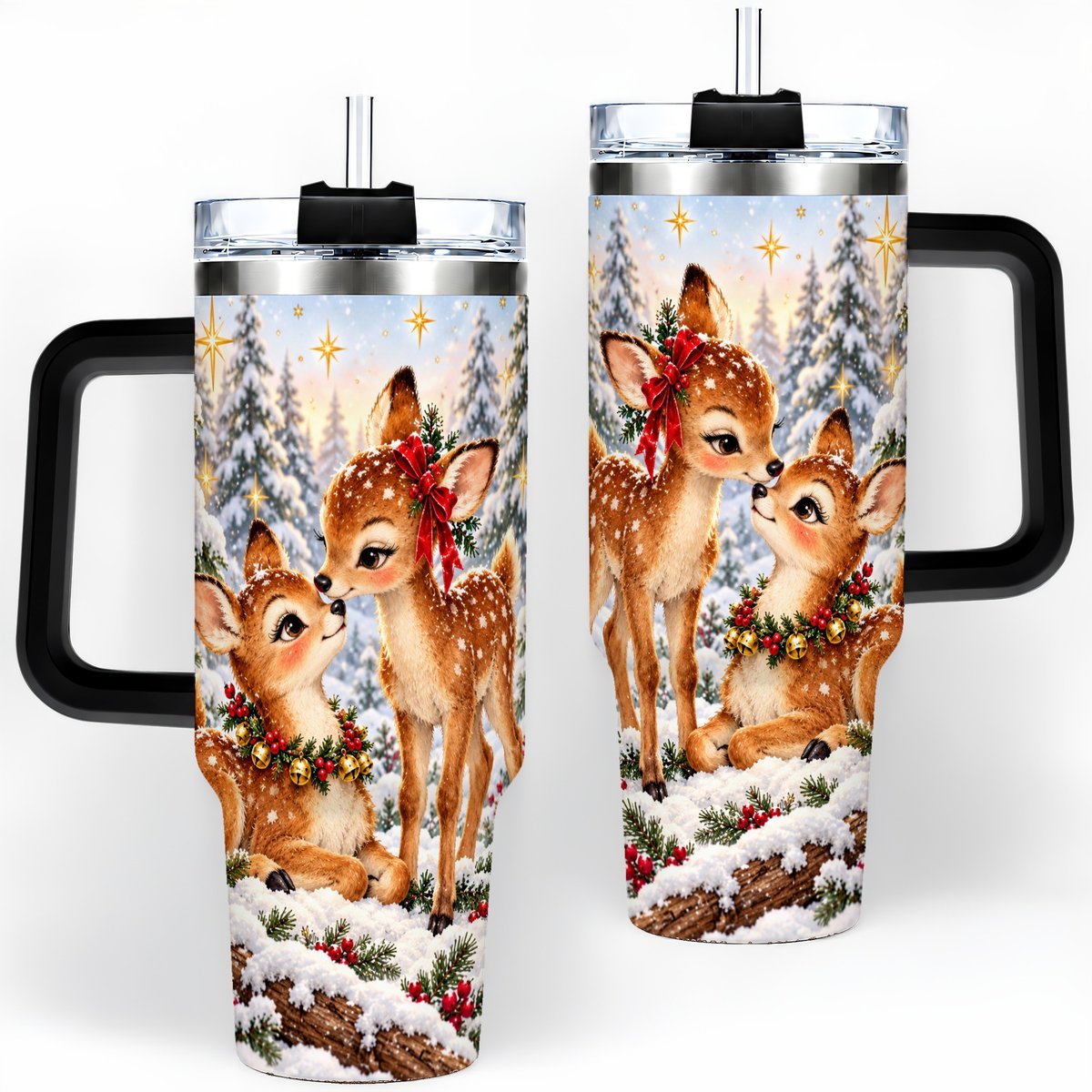 #pl[40oz|Black] Christmas Fawns Tumbler 40oz, Spotted Deer Illustration