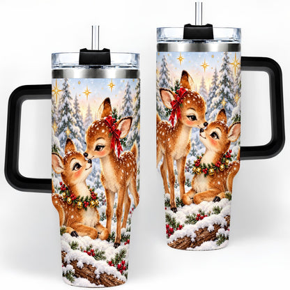 #pl[40oz|Black] Christmas Fawns Tumbler 40oz, Spotted Deer Illustration