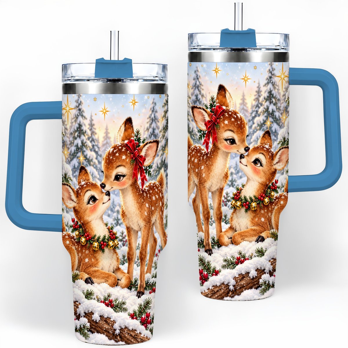 #pl[40oz|Blue] Christmas Fawns Tumbler 40oz, Spotted Deer Illustration
