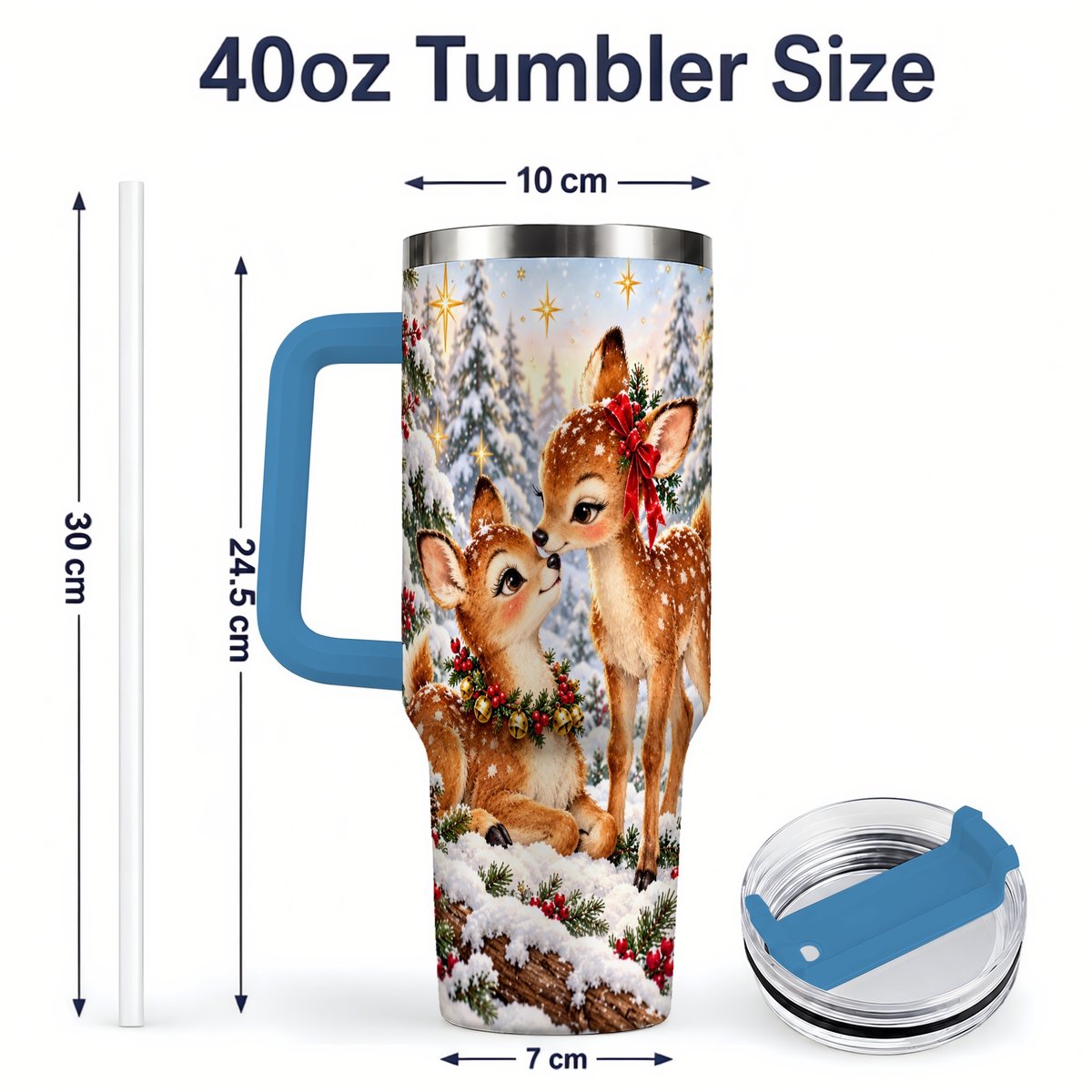 #pl[40oz|Blue] Christmas Fawns Tumbler 40oz, Spotted Deer Illustration