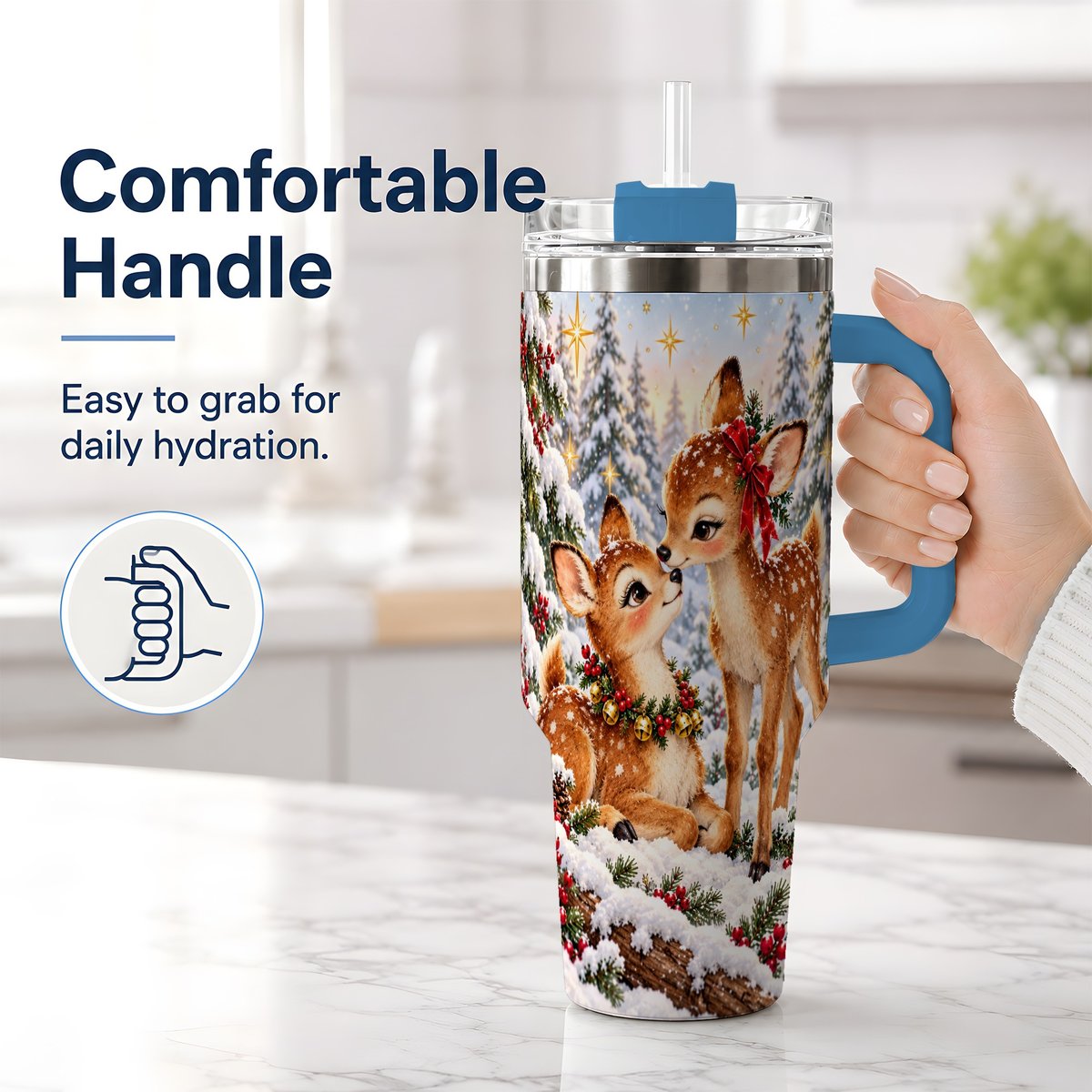#pl[40oz|Blue] Christmas Fawns Tumbler 40oz, Spotted Deer Illustration