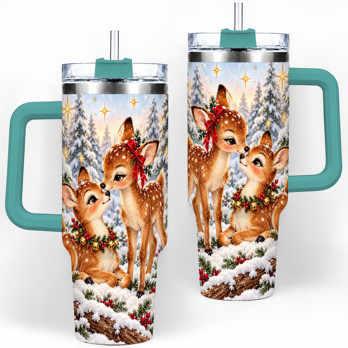 #pl[40oz|Green] Christmas Fawns Tumbler 40oz, Spotted Deer Illustration