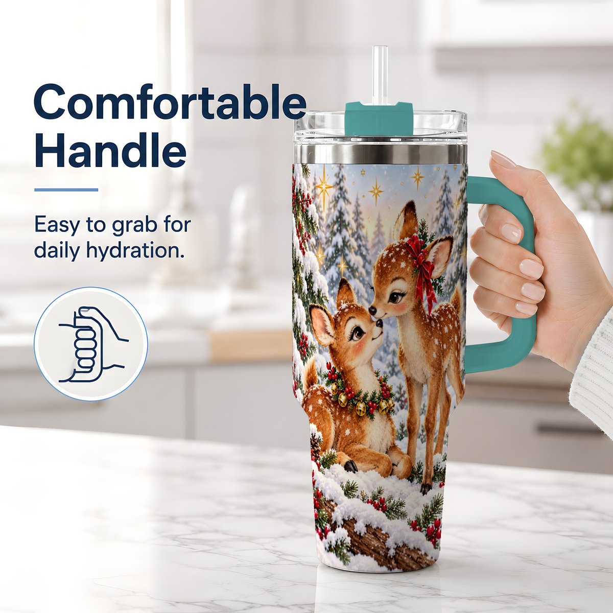 #pl[40oz|Green] Christmas Fawns Tumbler 40oz, Spotted Deer Illustration