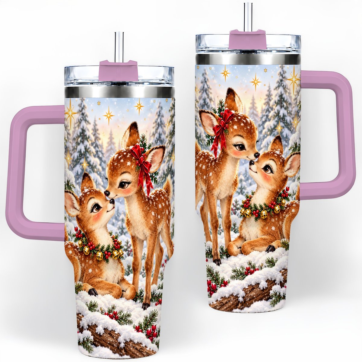 #pl[40oz|Pink] Christmas Fawns Tumbler 40oz, Spotted Deer Illustration