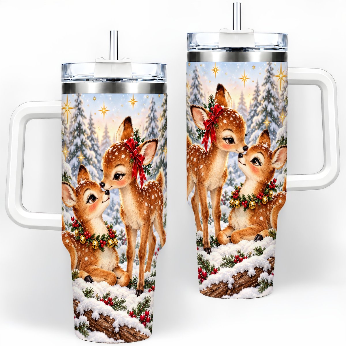 Christmas Fawns Tumbler 40oz, Spotted Deer Illustration