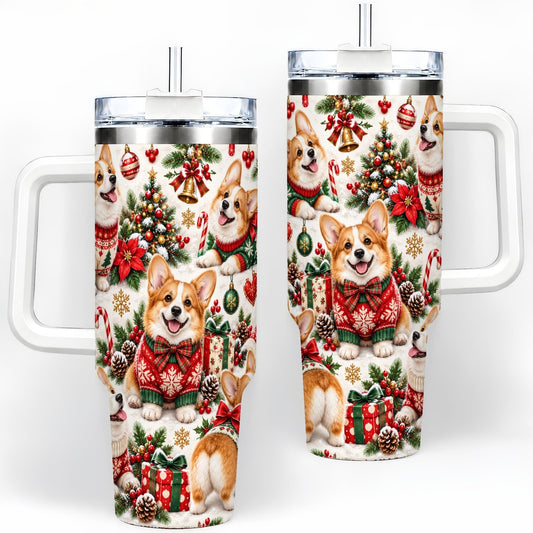 Christmas Corgi Dogs Tumbler 40oz, Holiday Sweater Artwork