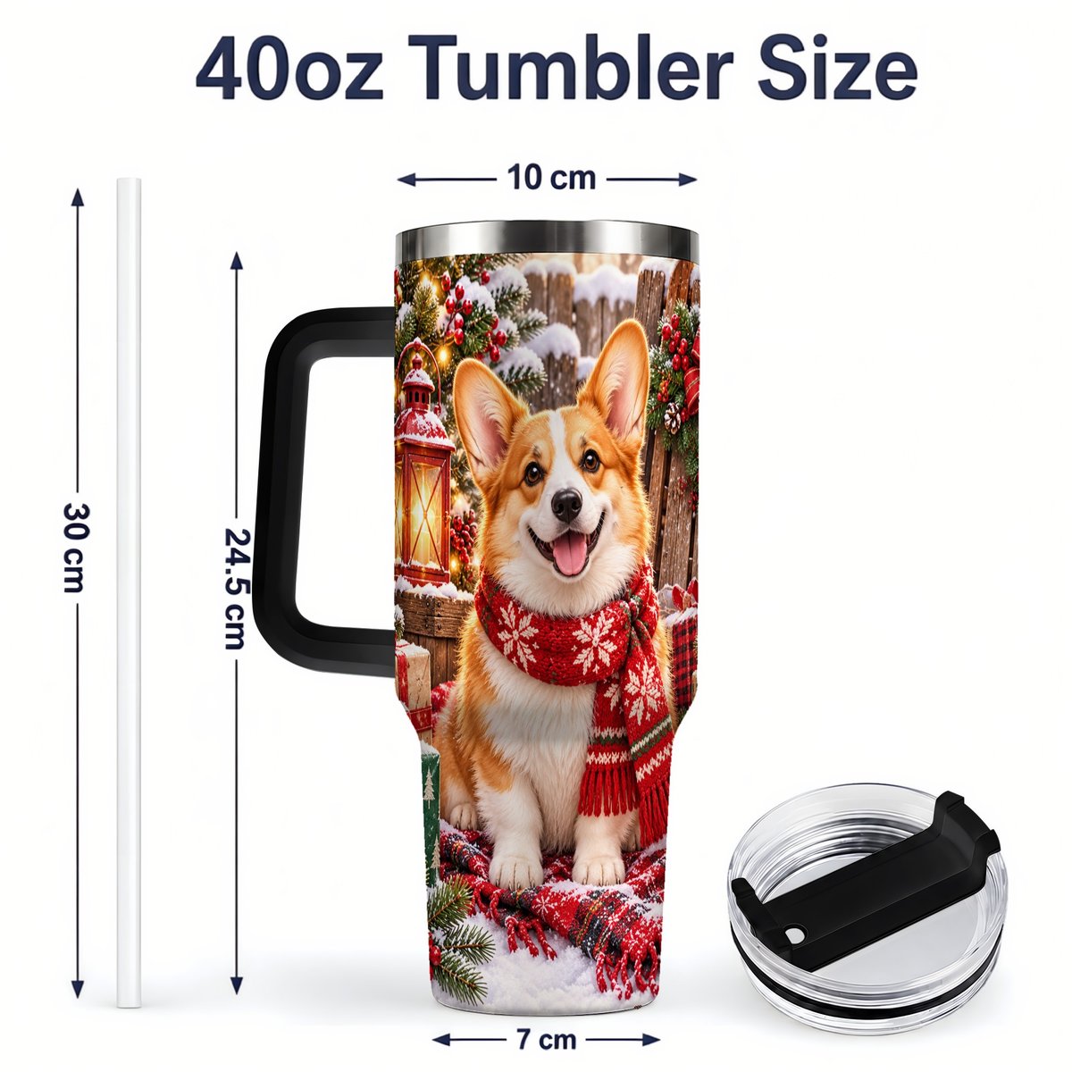 #pl[40oz|Black] Christmas Corgi Tumbler 40oz, Festive Lantern Artwork