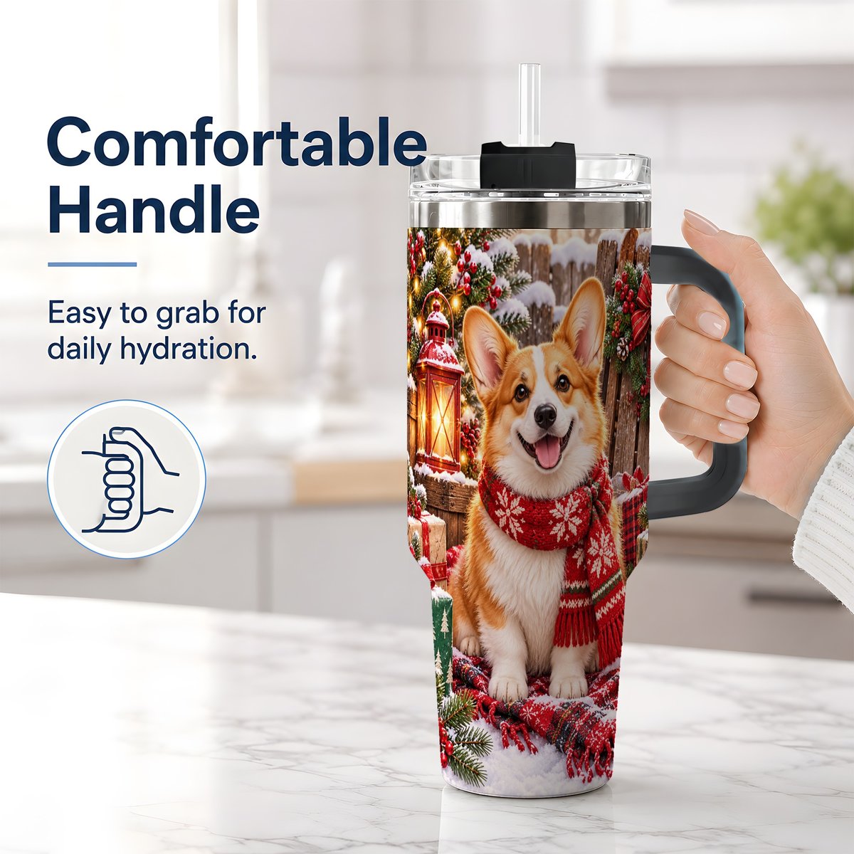 #pl[40oz|Black] Christmas Corgi Tumbler 40oz, Festive Lantern Artwork