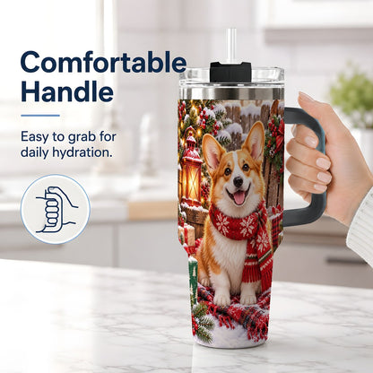 #pl[40oz|Black] Christmas Corgi Tumbler 40oz, Festive Lantern Artwork