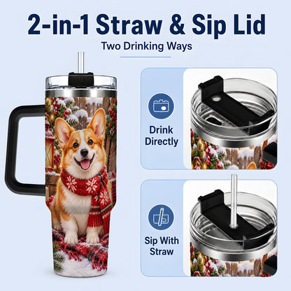 #pl[40oz|Black] Christmas Corgi Tumbler 40oz, Festive Lantern Artwork