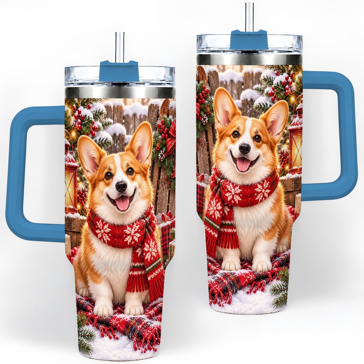 #pl[40oz|Blue] Christmas Corgi Tumbler 40oz, Festive Lantern Artwork