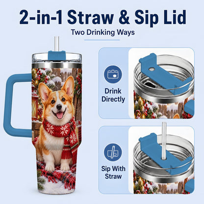 #pl[40oz|Blue] Christmas Corgi Tumbler 40oz, Festive Lantern Artwork