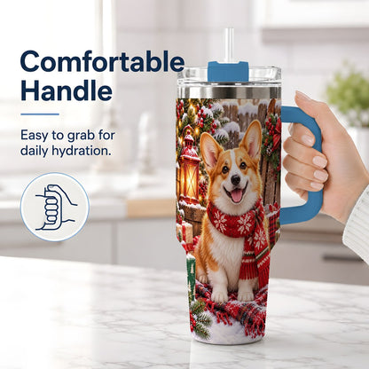 #pl[40oz|Blue] Christmas Corgi Tumbler 40oz, Festive Lantern Artwork