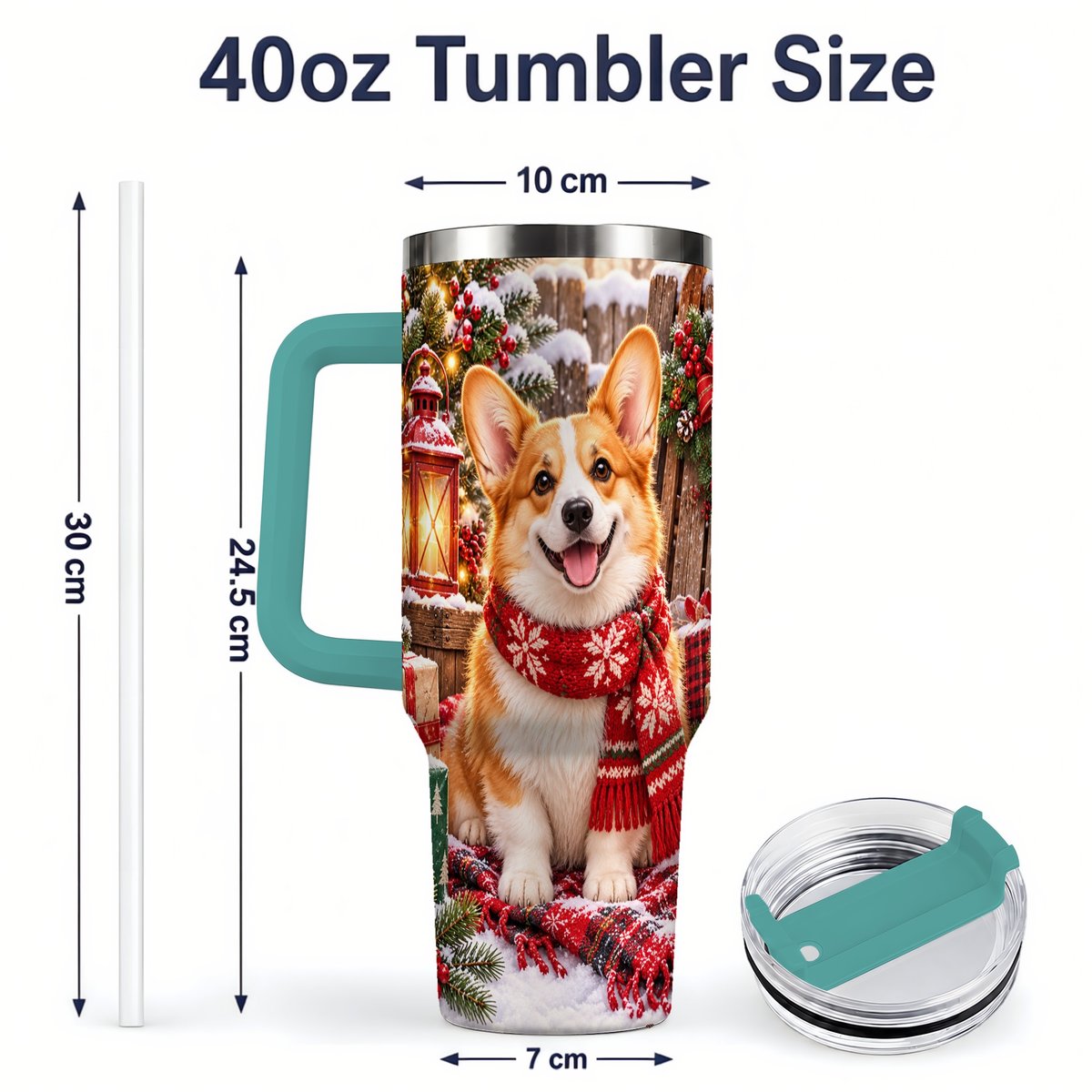 #pl[40oz|Green] Christmas Corgi Tumbler 40oz, Festive Lantern Artwork