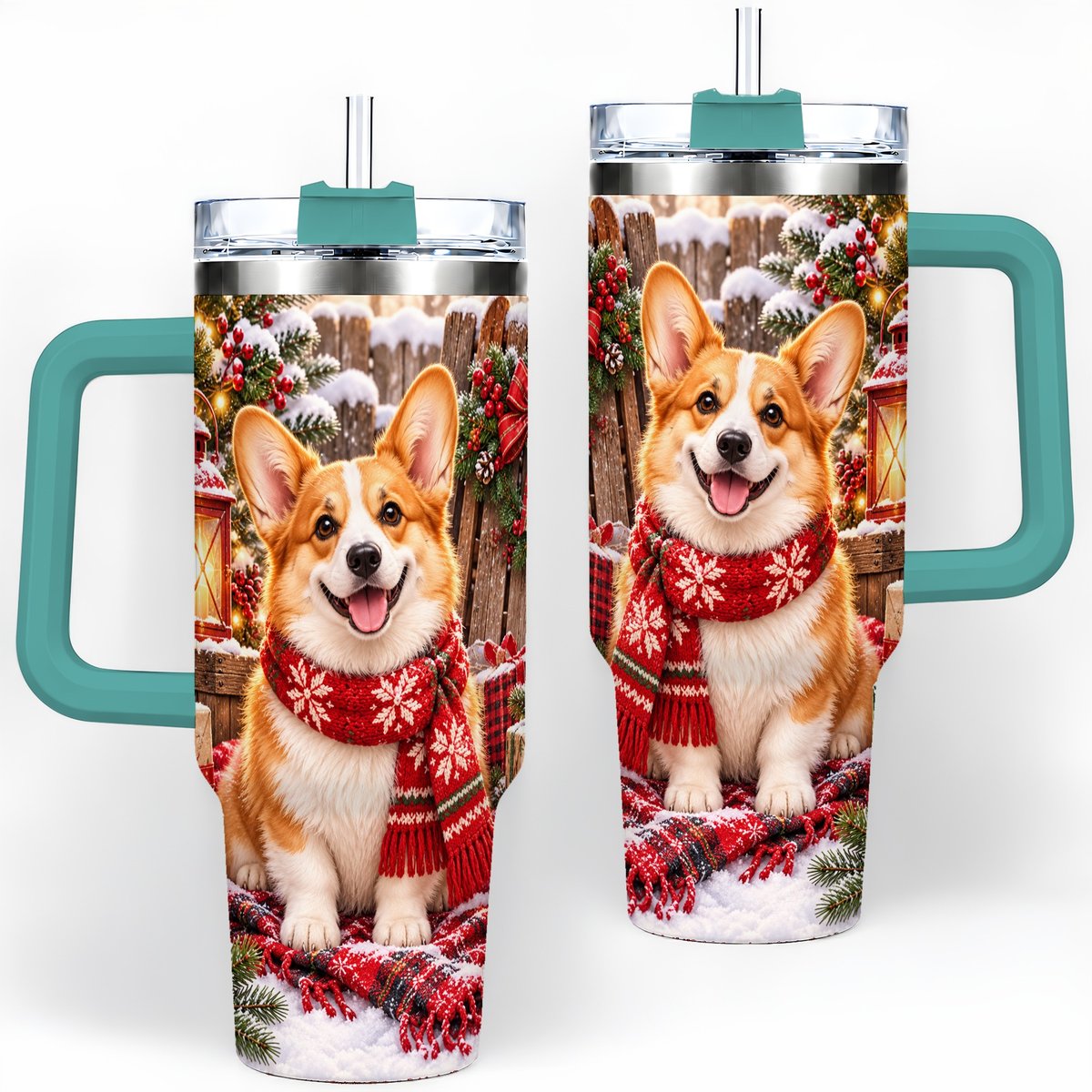 #pl[40oz|Green] Christmas Corgi Tumbler 40oz, Festive Lantern Artwork