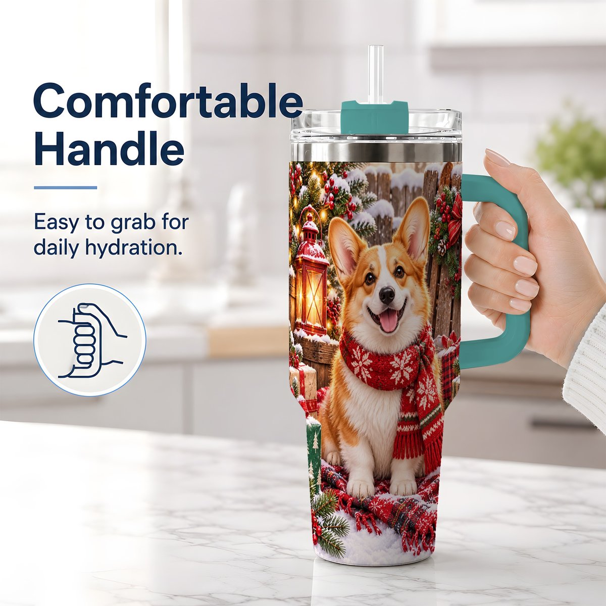 #pl[40oz|Green] Christmas Corgi Tumbler 40oz, Festive Lantern Artwork
