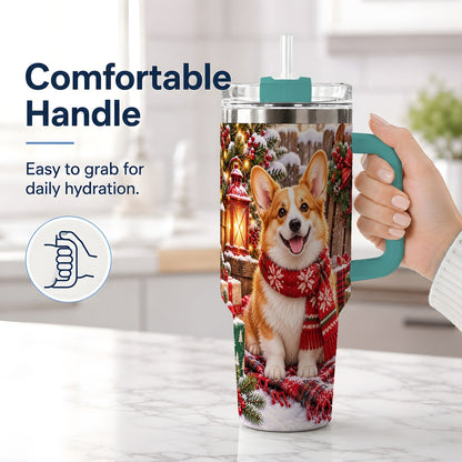 #pl[40oz|Green] Christmas Corgi Tumbler 40oz, Festive Lantern Artwork