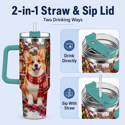 #pl[40oz|Green] Christmas Corgi Tumbler 40oz, Festive Lantern Artwork