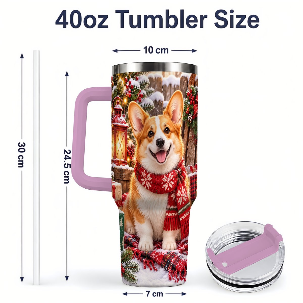 #pl[40oz|Pink] Christmas Corgi Tumbler 40oz, Festive Lantern Artwork