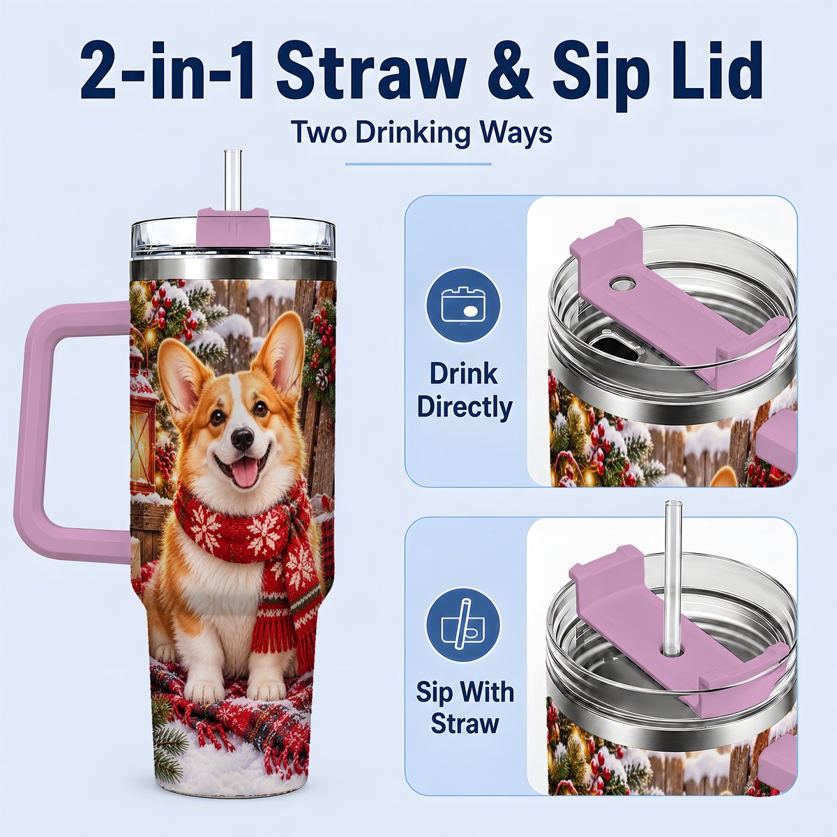 #pl[40oz|Pink] Christmas Corgi Tumbler 40oz, Festive Lantern Artwork
