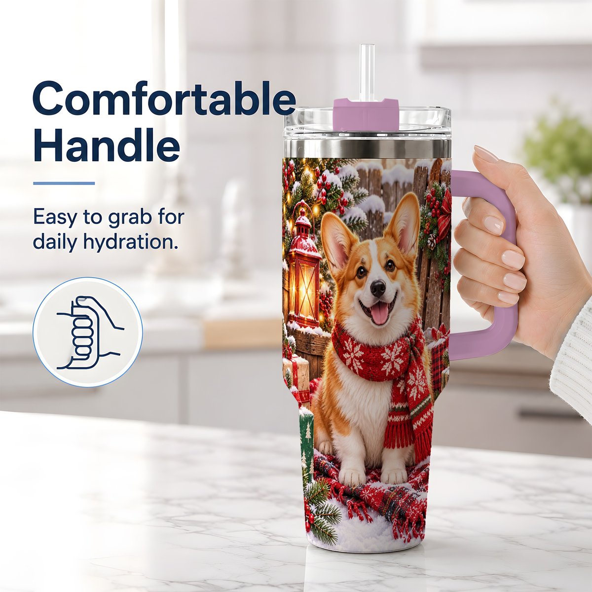 #pl[40oz|Pink] Christmas Corgi Tumbler 40oz, Festive Lantern Artwork