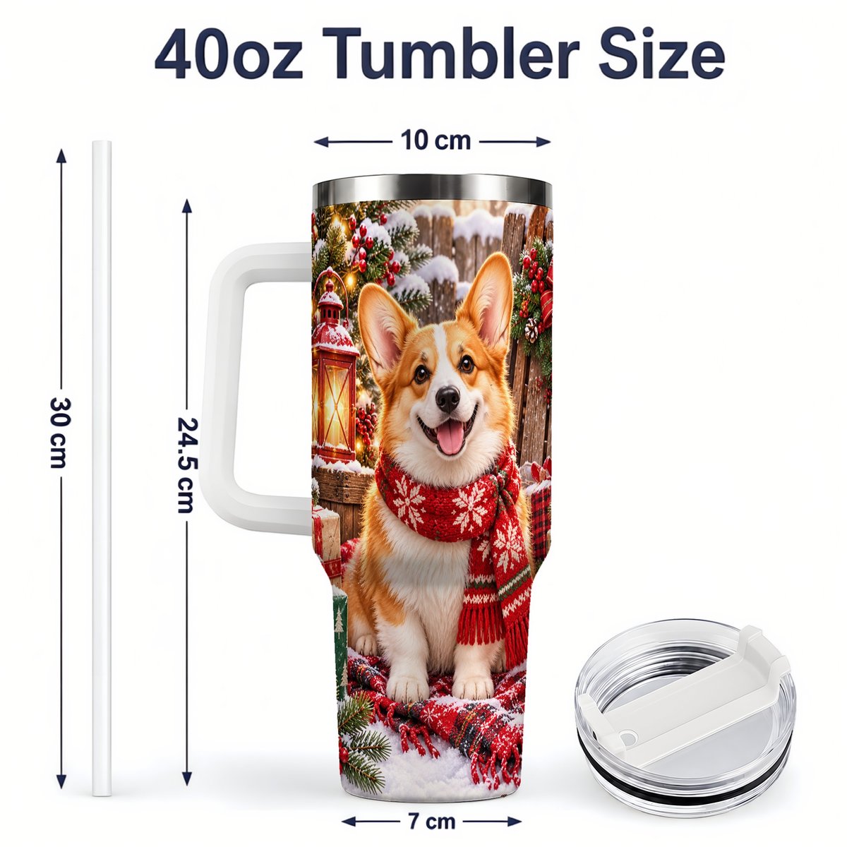 #pl[40oz|White] Christmas Corgi Tumbler 40oz, Festive Lantern Artwork